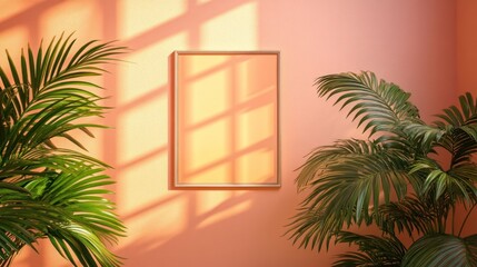 Warm Sunlight and Palm Plants Frame on Textured Peach Wall