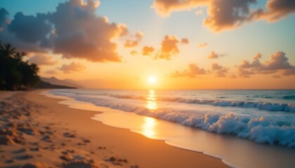Warm blurred sunlight casting soft orange and yellow hues over a serene sunset beach background