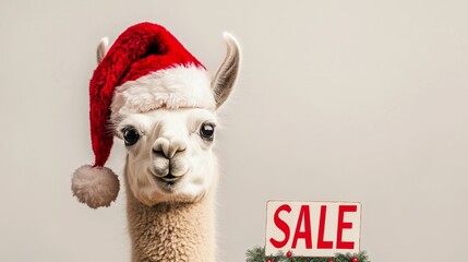 Naklejka premium Llama wearing santa hat with christmas sale sign, copy space