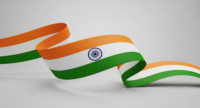 Waving indian flag ribbon with ashoka chakra symbol on a clean white background