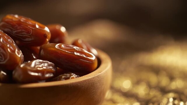 Sweet dried date fruits in wooden bowl with golden bokeh background for Ramadan Iftar