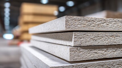 Raw fiber cement boards stacked for construction projects and modern interior design elements in industrial setting convey rustic charm