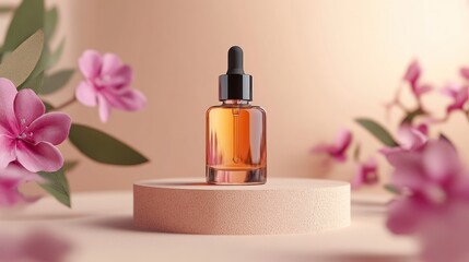 Elegant Dropper Bottle of Serum on Podium with Delicate Pink Flowers