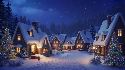 Enchanting snowy village at night with warm glowing windows and festive christmas lights