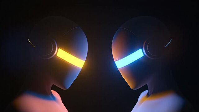 Futuristic figures with glowing visors and headphones in a dark and stylized setting