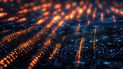 Abstract Digital Landscape with Luminous Orange and Blue Particles