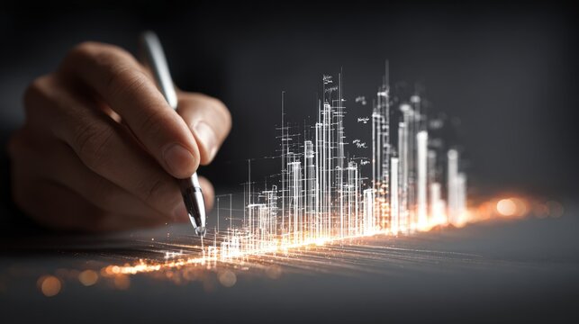 Hand Sketching 3D Glowing Chart for Digital Success Visualization - Powered by Adobe