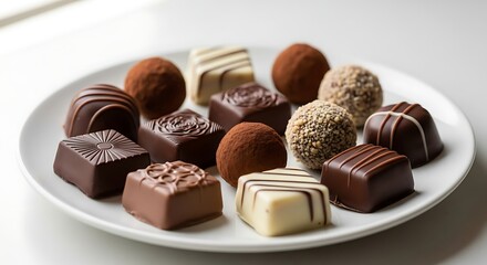 Delicious assortment of gourmet chocolates and truffles on a white plate perfect for indulging in sweet cravings and delectable treats