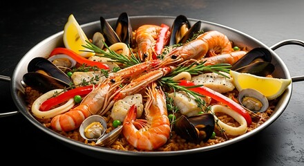 Delicious seafood paella with shrimps mussels squid clams fish lemon and rosemary served in a large pan showcasing gourmet cuisine