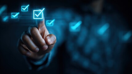 Hand Interacting with Virtual Checklist on Blue Digital Interface