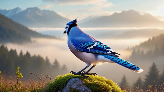 Blue jay perched atop a mossy rock with mountains and fog in the background on a sunny morning bird video