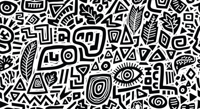 Perfectly seamless pattern, vector repeated abstract african texture. Tribal shapes background, black and white monochrome wallpaper