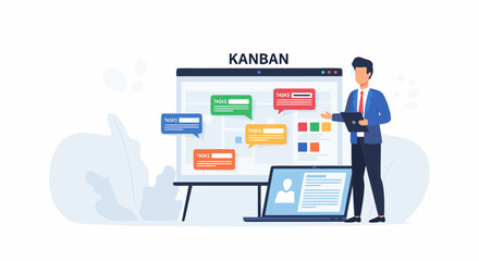 Agile Kanban board presentation by manager for team task management and workflow, modern collaboration for sprint planning and project success