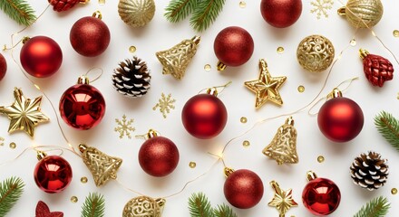 "Golden stars, red baubles, pinecones and festive ornaments arranged in elegant flatlay style with warm Christmas atmosphere and luxury holiday theme."
