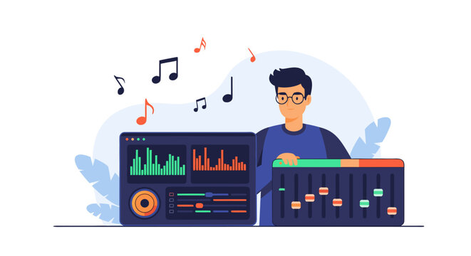 Creative music producer mixing tracks in a digital audio workstation, creating vibrant sounds and rhythms for upbeat songs and professional studio recordings