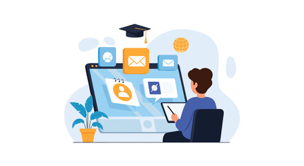 Modern online education platform showing a student learning with digital tools, symbolizing e-learning, virtual classes, and the future of education