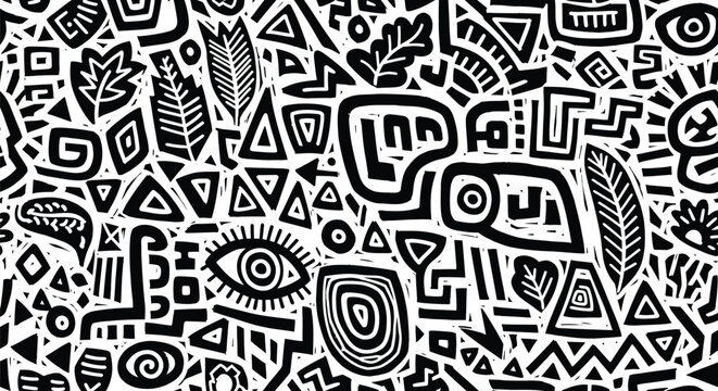 Perfectly seamless pattern, vector repeated abstract african texture. Tribal shapes background, black and white monochrome wallpaper