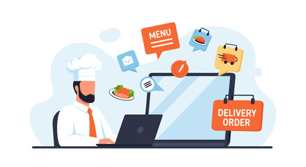 Chef taking delivery orders online, offering menu and fast shipping, promising easy and convenient service, perfect for modern restaurant business strategies