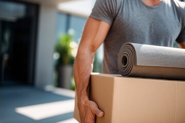 Holding a sports equipment parcel and yoga mat near the gym entrance Generative AI