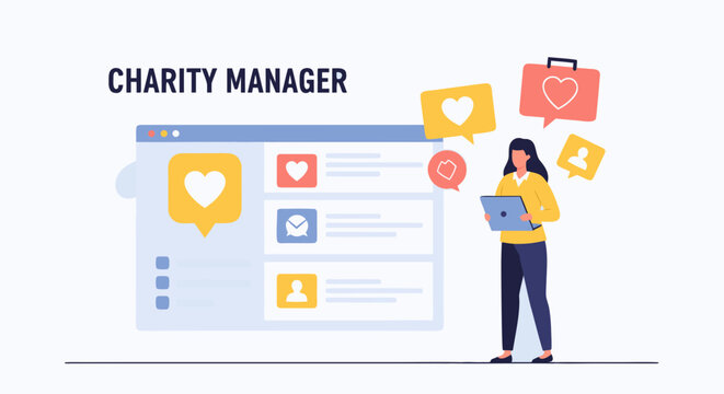 Empathetic charity manager connecting with donors online, fostering community engagement and support through digital platforms for a worthy cause
