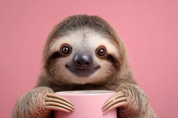 Obraz premium Adorable Sloth Holding Oversized Coffee Mug on Pink Background