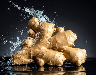 Ginger root with water splash against a dark background, showcasing freshness and culinary elements