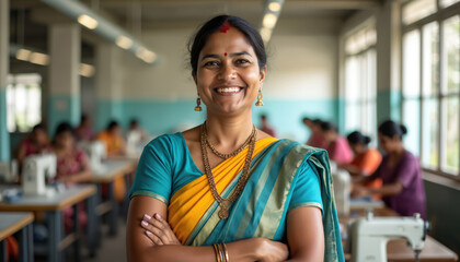 Indian woman in blue and yellow saree leads textile workshop. She smiles confidently with arms crossed. Other women work on sewing machines in background.
