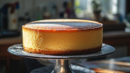 Delicious Golden Cheesecake Dusted with Powdered Sugar on a Dark Stand