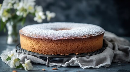 Freshly Baked Cake Topped with Powdered Sugar on a Cooling Rack with Flowers