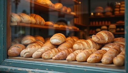 Fresh baked bread and croissants arranged on shelves behind glass. Variety of loaves and pastries are displayed for sale at local shop. Bakery offers artisan food products for customers.