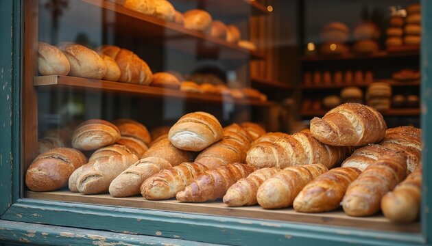 Fresh baked bread and croissants arranged on shelves behind glass. Variety of loaves and pastries are displayed for sale at local shop. Bakery offers artisan food products for customers.
