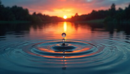 Water droplet falls into lake at sunset creating ripples. Orange sun reflects on calm water surface, sky glows with warm light. Nature scene at twilight with peaceful atmosphere.