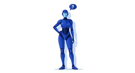 A blue robot stands contemplating, as a thought bubble shows a question mark above her head.