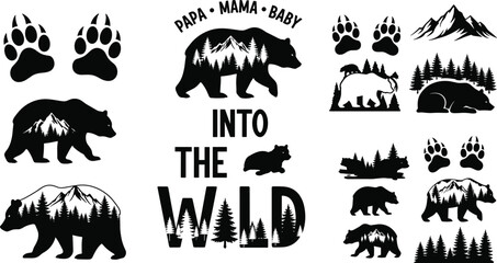 Bear silhouettes with double exposure forest landscape, into the wild typography, paw prints and mountains vector set © parves's world