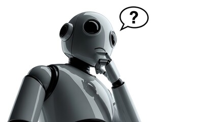 A glossy robot ponders with a question mark above, representing AI and machine learning.