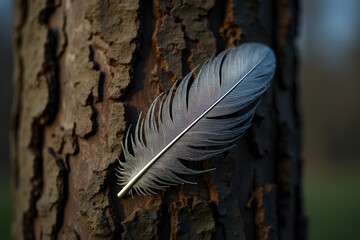 A metallic feather embedded in a tree trunk.