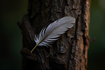 A metallic feather embedded in a tree trunk.