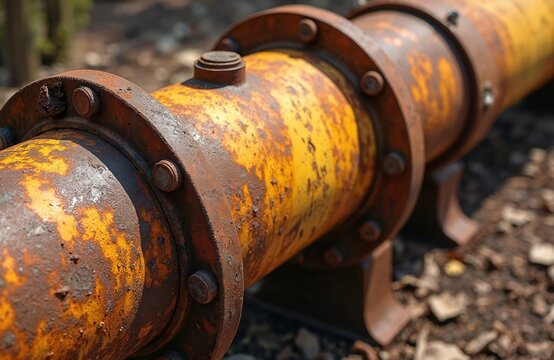 Old rusty yellow metal pipe segment with bolted flange connection. Corroded iron tube exterior showing texture and wear. Industrial infrastructure detail closeup.