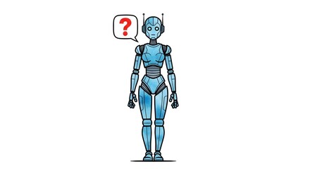 A blue robot stands perplexed with a question mark speech bubble in watercolor style
