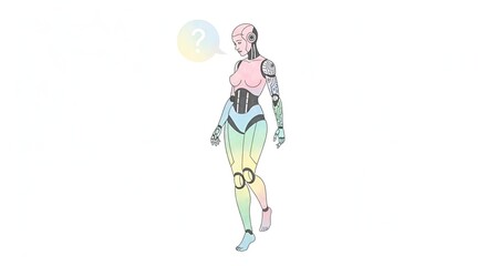 Stylized depiction of an ambiguous, gradient-colored female humanoid robot pondering something.