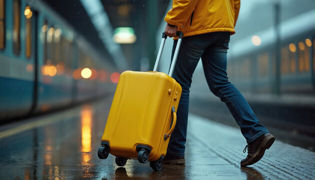 Person pulls yellow luggage on wet platform near train. Traveler walks in rain, commuting to destination. Journey involves safe baggage handling outdoors. City travel during bad weather.
