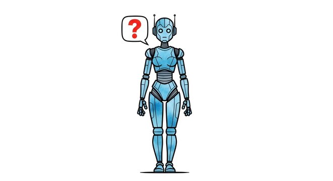 A blue robot stands perplexed with a question mark speech bubble in watercolor style