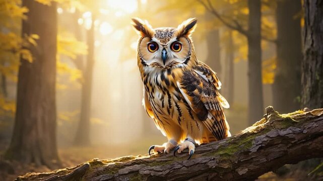 A majestic owl perched on a mossy branch in a sunlit autumn forest looking straight ahead bird video