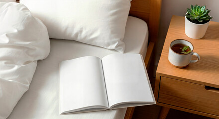 Blank book on white bedding — morning setup with tea cup, succulent and wood nightstand mockup