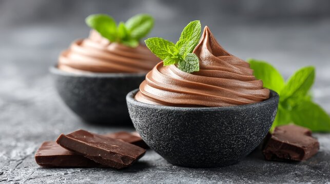 On a gray background, a bowl of Supangle dessert is placed, its semi-solid and semi-liquid chocolate pudding exhibiting a velvety texture that, combined with its deep chocolate color, creates an