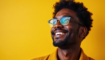 Obraz premium Young Black man wearing glasses smiles broadly. He has curly hair and beard. Person stands against yellow background. Casual style, confident look. His eyes reflect light.
