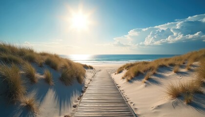 Wooden walkway over sand dunes leads to sea beach. Bright sun shines on calm ocean water and blue sky with clouds. Peaceful summer seaside scene.
