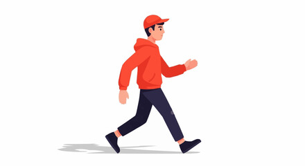 Obraz premium Man in red hoodie and cap walking forward with determination.