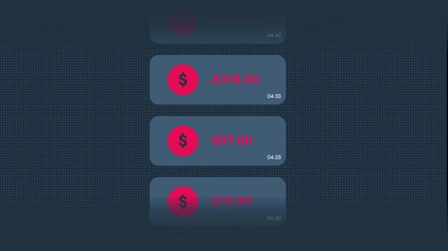 Fraudulent withdrawals animation rains red mobile banking alerts top-to-bottom as fraudulent withdrawals. 8-sec loopable 2D motion graphic explainer for 2026 fraud credit card alerts. Motion graphic