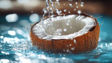 Refreshing Coconut Water Splashing into a Halved Tropical Fruit in Blue Liquid